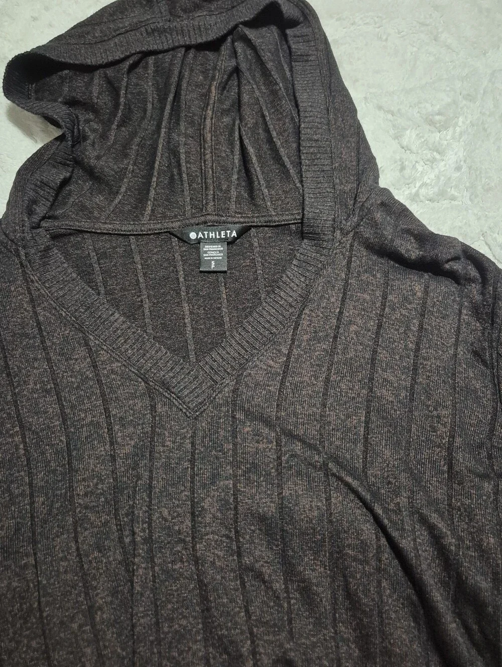 Athleta Brown Ribbed V-Neck Hoodie Top-harmony Pose-Size-S